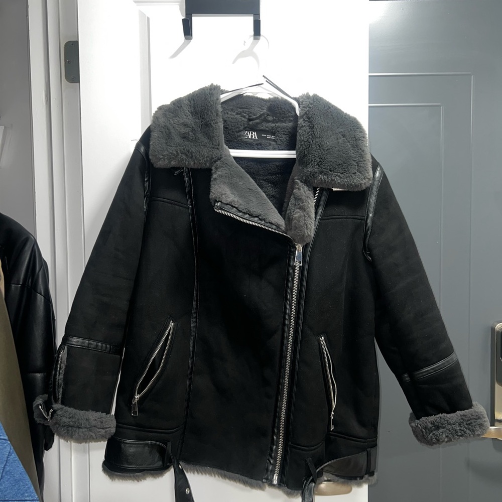 Zara Black and Gray Teddy Jacket